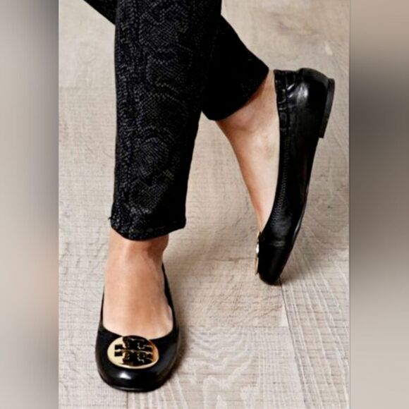 Tory Burch Reva Women's Patent Tumble Leather Ballet Flats Black/Gold US 8.5 - Picture 2 of 11